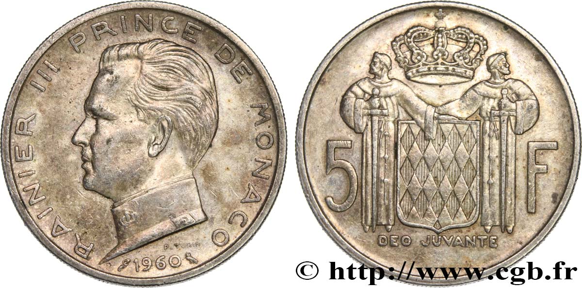 MONACO 5 Francs Prince Rainier III 1960 Paris BB 