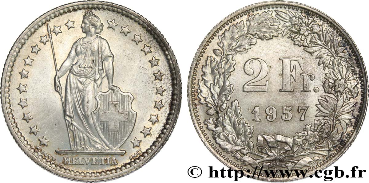 SUIZA 2 Francs Helvetia 1957 Berne SC 