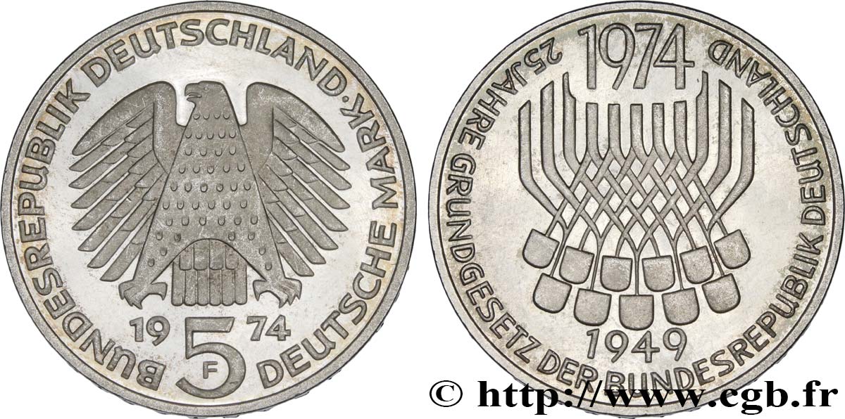 GERMANY 5 Mark Proof 25e anniversaire de la République Fédérale 1974 Stuttgart MS 
