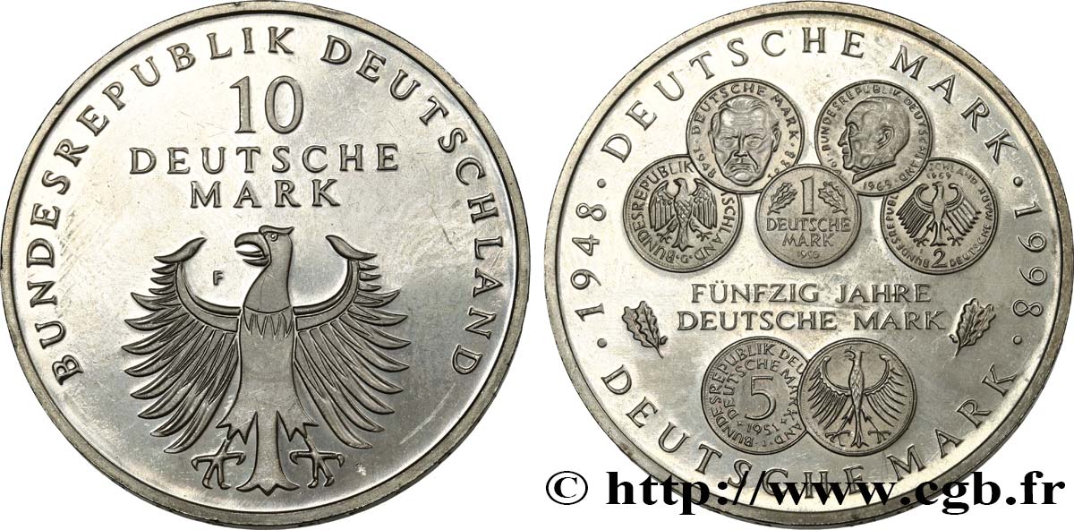 GERMANY 10 Mark Proof 50e anniversaire de la création du Deutsche Mark 1998 Stuttgart MS 
