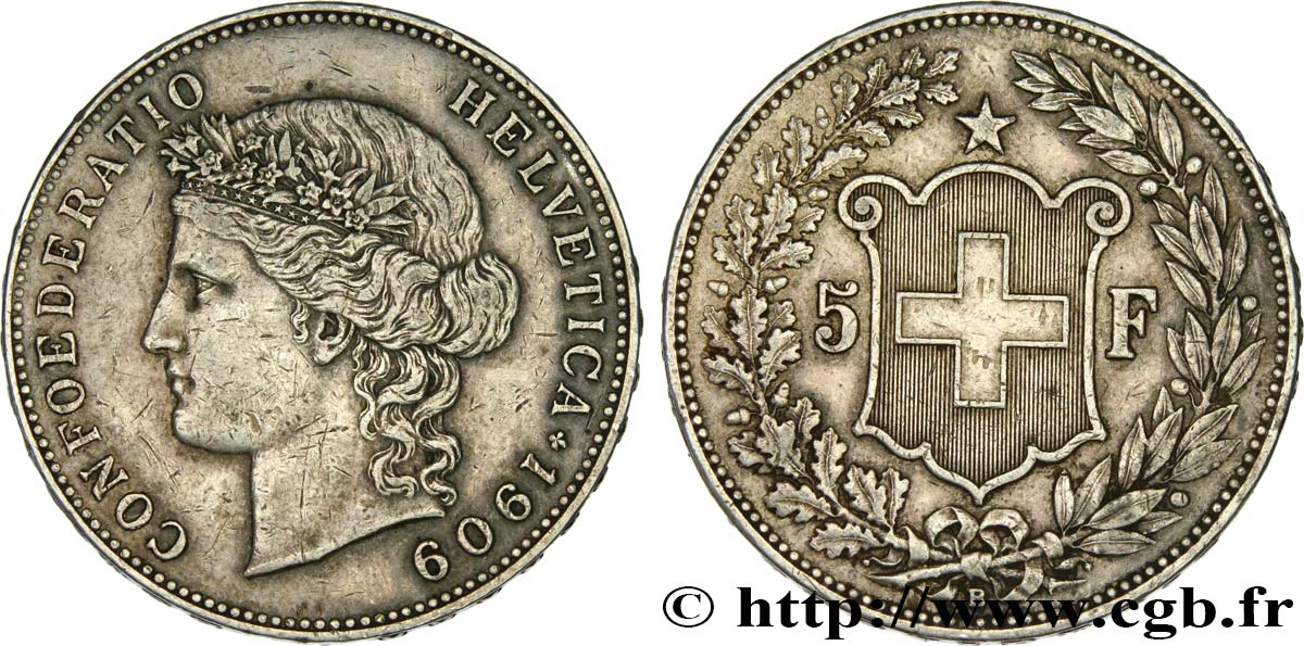 SWITZERLAND 5 Francs Helvetia 1909 Berne XF 