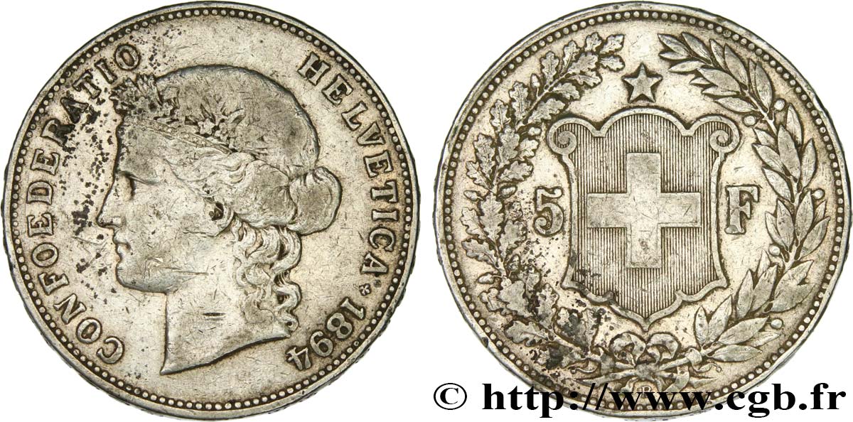 SWITZERLAND 5 Francs Helvetia 1894 Berne VF 