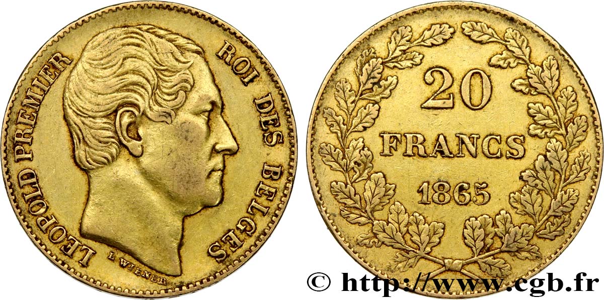 INVESTMENT GOLD 20 Francs Léopold Ier 1865 Bruxelles XF 