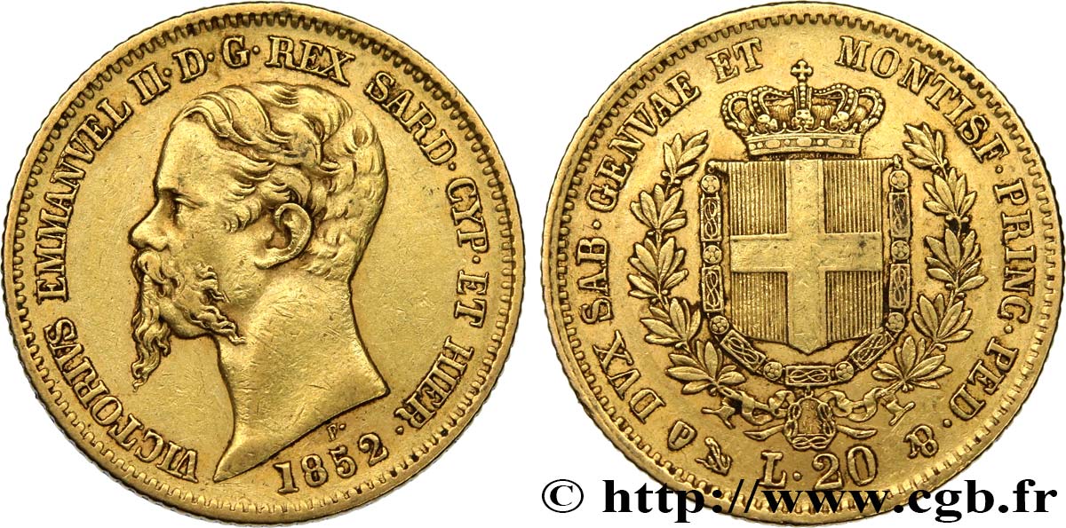 INVESTMENT GOLD 20 Lire Victor Emmanuel II 1852 Gênes MBC 