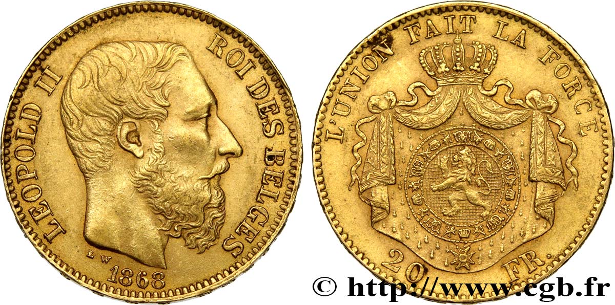 INVESTMENT GOLD 20 Francs Léopold II 1868 Bruxelles fVZ 