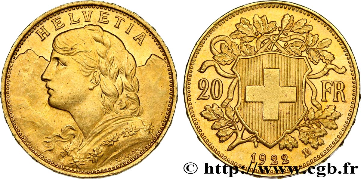 INVESTMENT GOLD 20 Francs  Vreneli   1922 Berne fST 