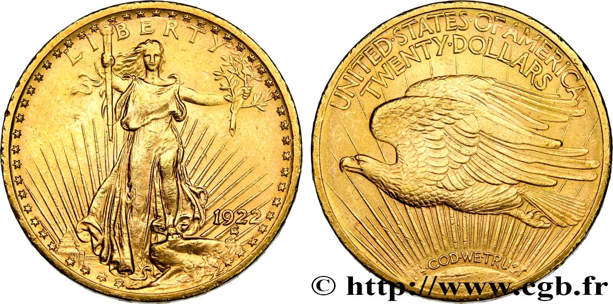 INVESTMENT GOLD 20 Dollars  Saint-Gaudens” 1922 Philadelphie AU 