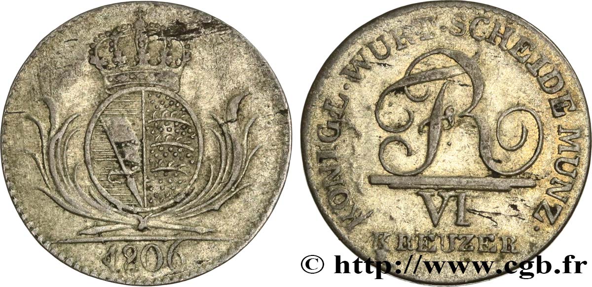 ALLEMAGNE - WURTEMBERG 6 Kreuzer monogramme de Frédéric Ier 1806  TB+ 
