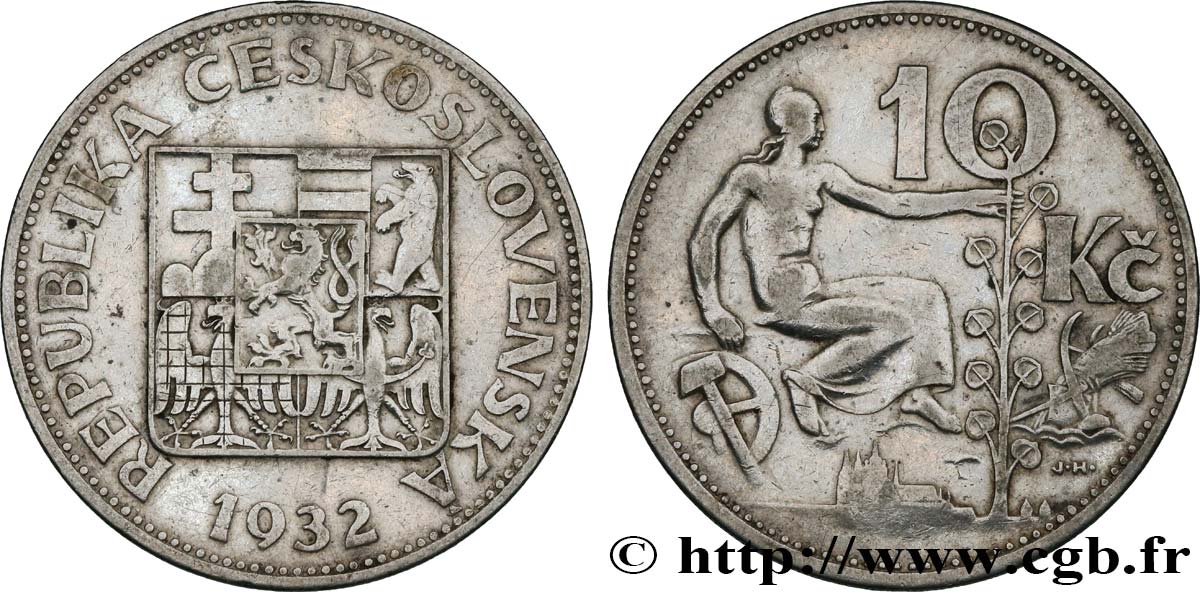 CZECHOSLOVAKIA 10 Korun alégorie du travail 1932  VF 
