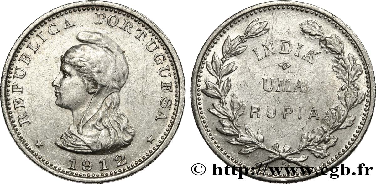 INDIA PORTOGHESE 1 Roupie Allégorie de la République Portugaise 1912  SPL 