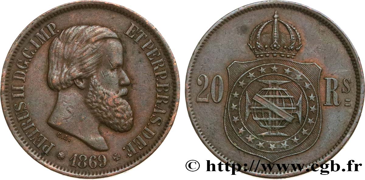 BRAZIL 20 Réis Pierre II 1869  XF 