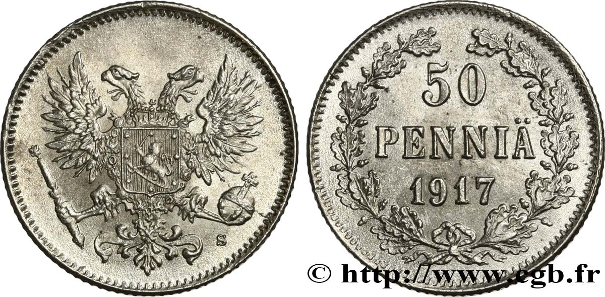 FINLANDIA 50 Pennia aigle bicéphale 1917 Helsinki MS 