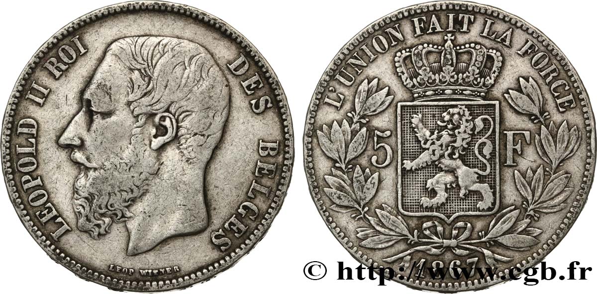 BÉLGICA 5 Francs Léopold II 1867  BC+ 