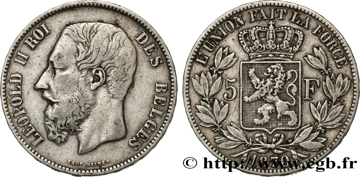 BELGIQUE 5 Francs Léopold II 1870  TB+ 