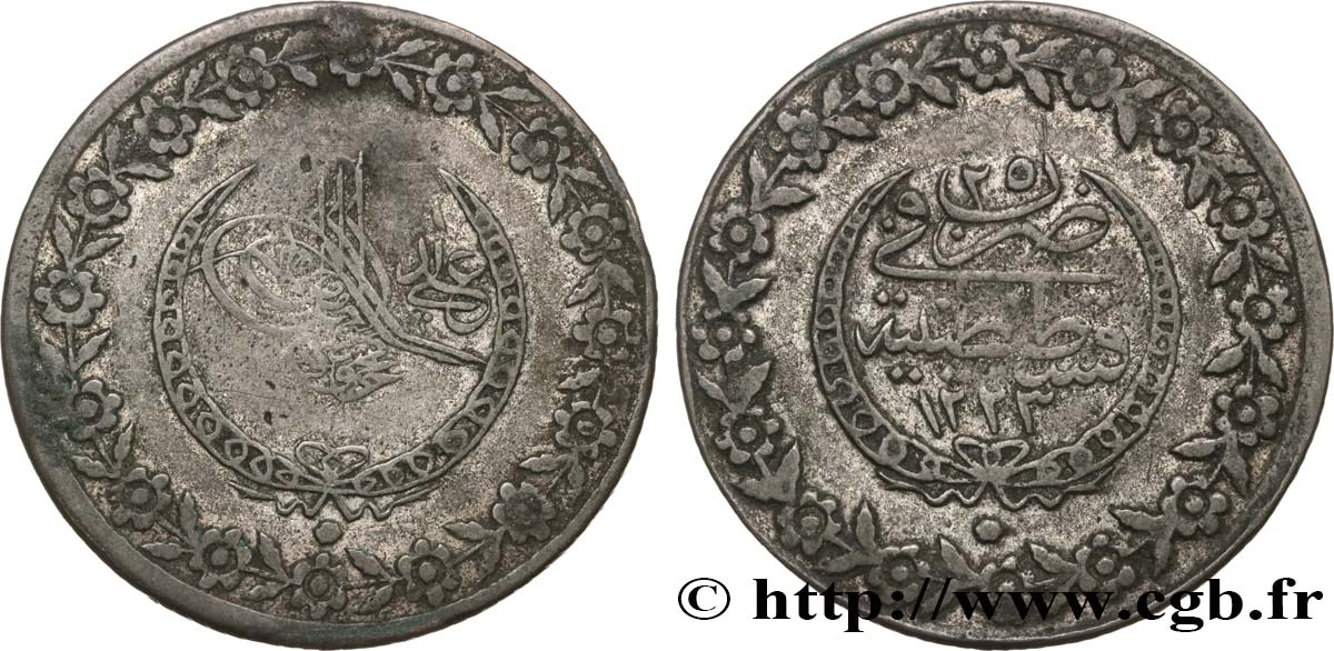 TURCHIA 5 Kurush au nom de Mahmud II AH1223 / an 25 1831 Constantinople q.BB 