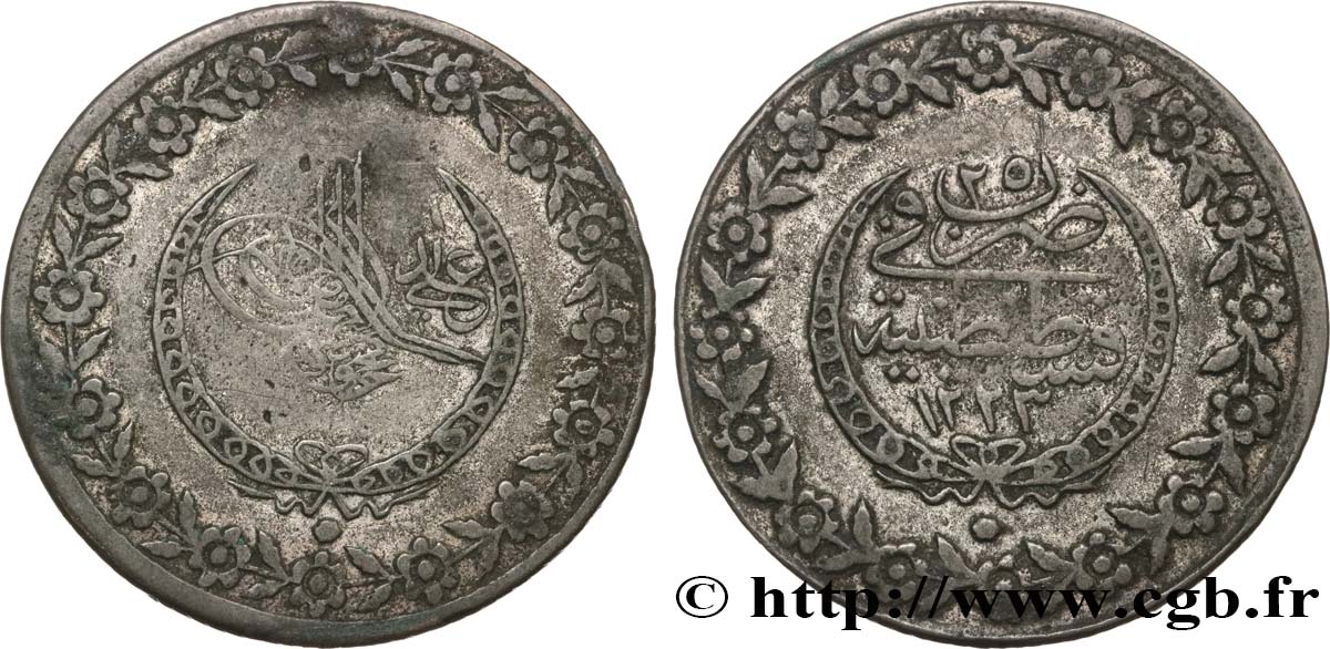 TURQUíA 5 Kurush au nom de Mahmud II AH1223 / an 25 1831 Constantinople BC+ 