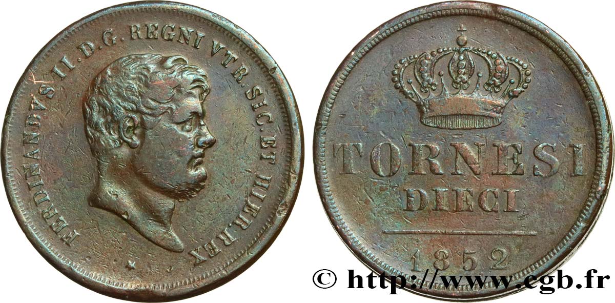 ITALIE - ROYAUME DES DEUX-SICILES 10 Tornesi Ferdinand II, roi de Naples et Sicile 1852  TB+ 