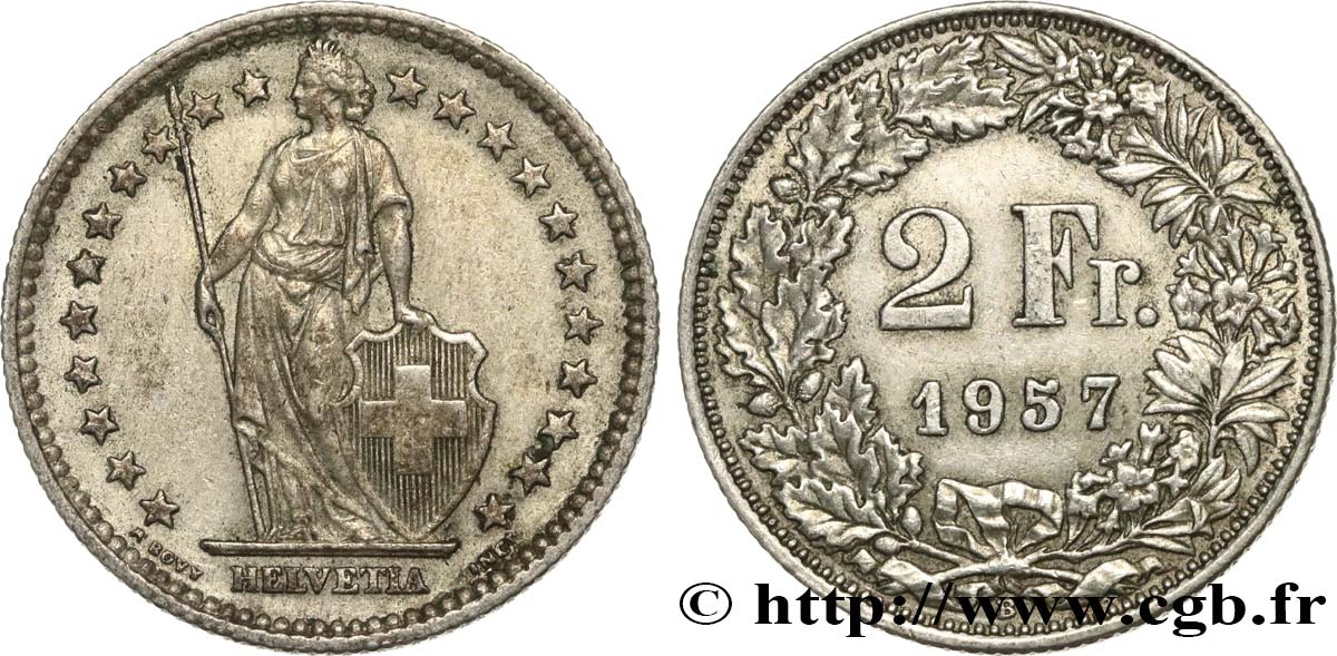 SWITZERLAND 2 Francs Helvetia 1957 Berne - B AU 