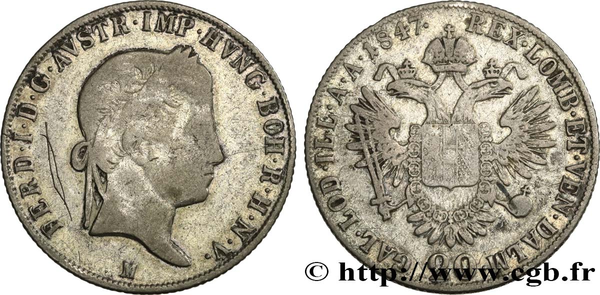 ITALY - KINGDOM OF LOMBARDY-VENETIA - FERDINAND I 20 Kreuzer  1847 Milan - M VF 