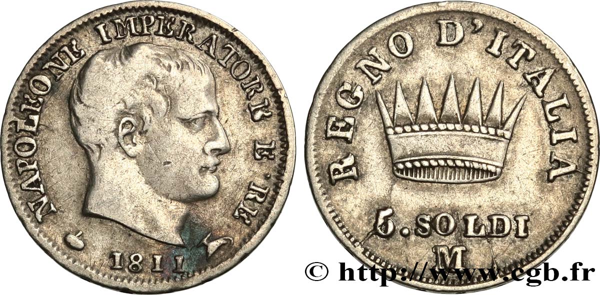 ITALY - KINGDOM OF ITALY - NAPOLEON I 5 Soldi 1811 Milan - M VF 