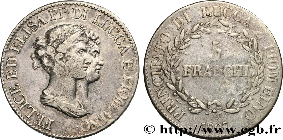 ITALIA - LUCCA E PIOMBINO 5 Franchi Elise et Félix Baciocchi 1807 Florence q.BB 