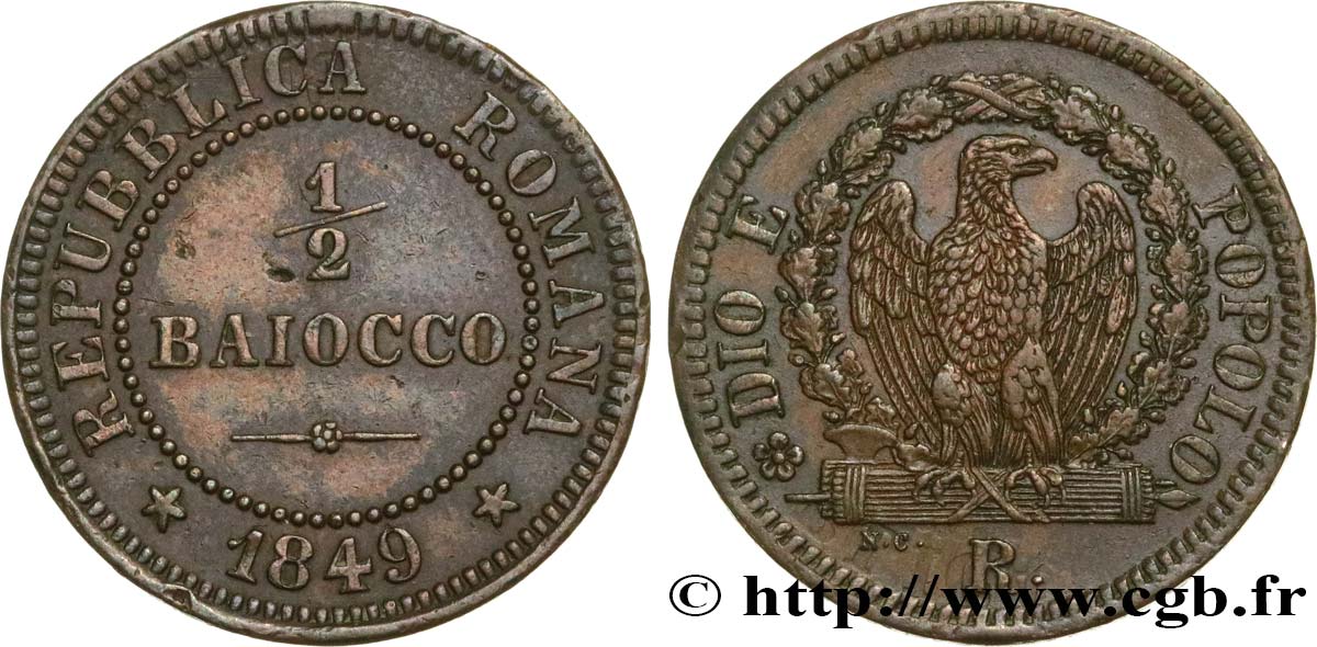 ITALY - ROMAN REPUBLIC 1/2 Baiocco 1849 Rome - R AU 
