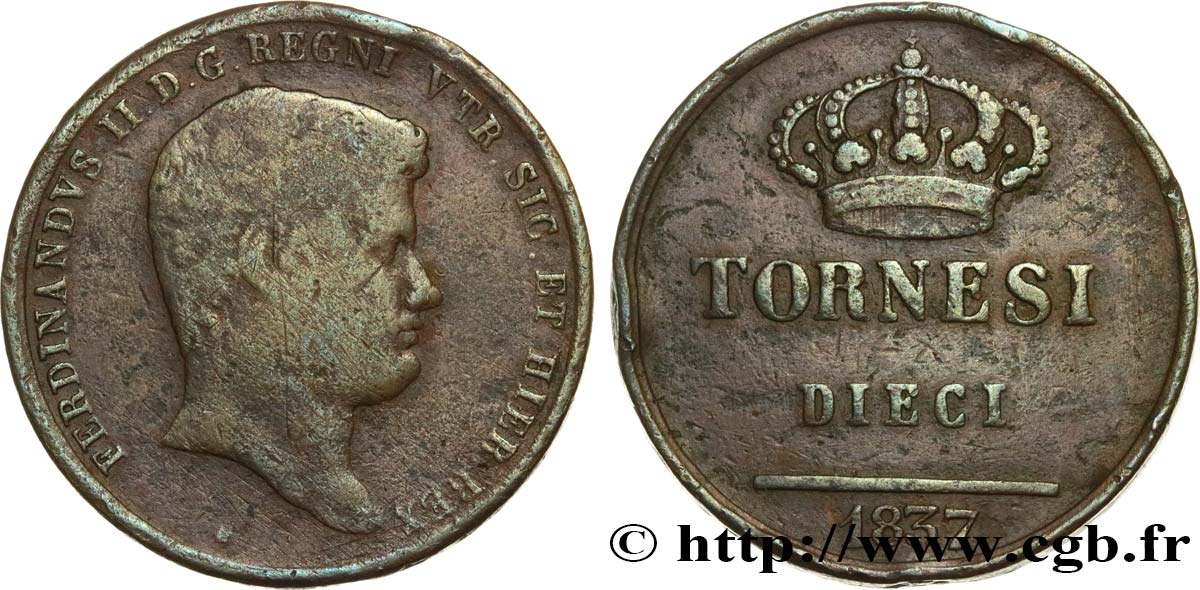 ITALY - KINGDOM OF TWO SICILIES 10 Tornesi Ferdinand II 1837 Naples F 