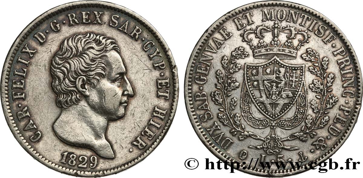 ITALY - KINGDOM OF SARDINIA 5 Lire Charles-Félix 1829 Gênes AU 