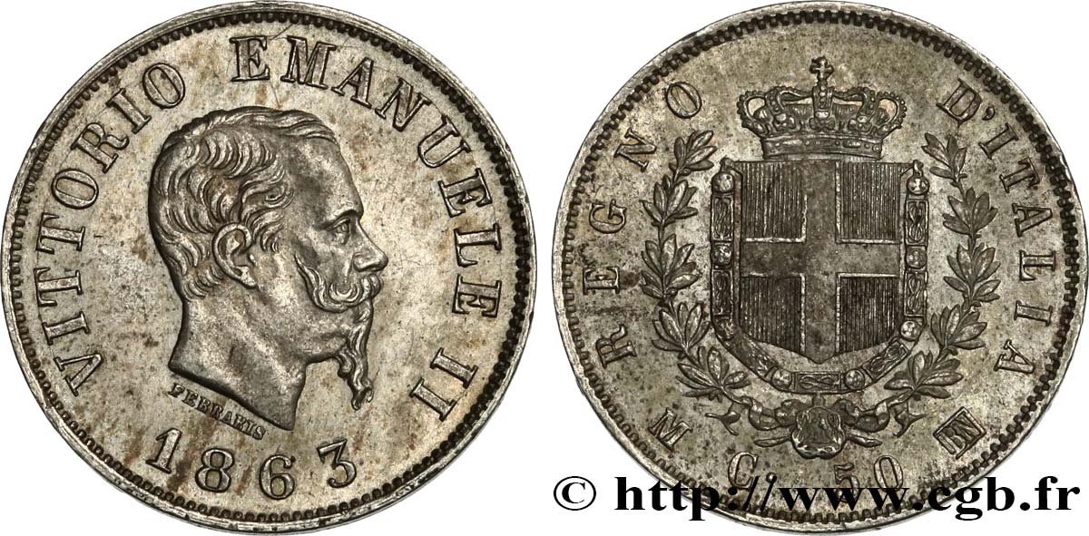 ITALIE 50 Centesimi Victor Emmanuel II type à l’écu 1863 Milan SUP 