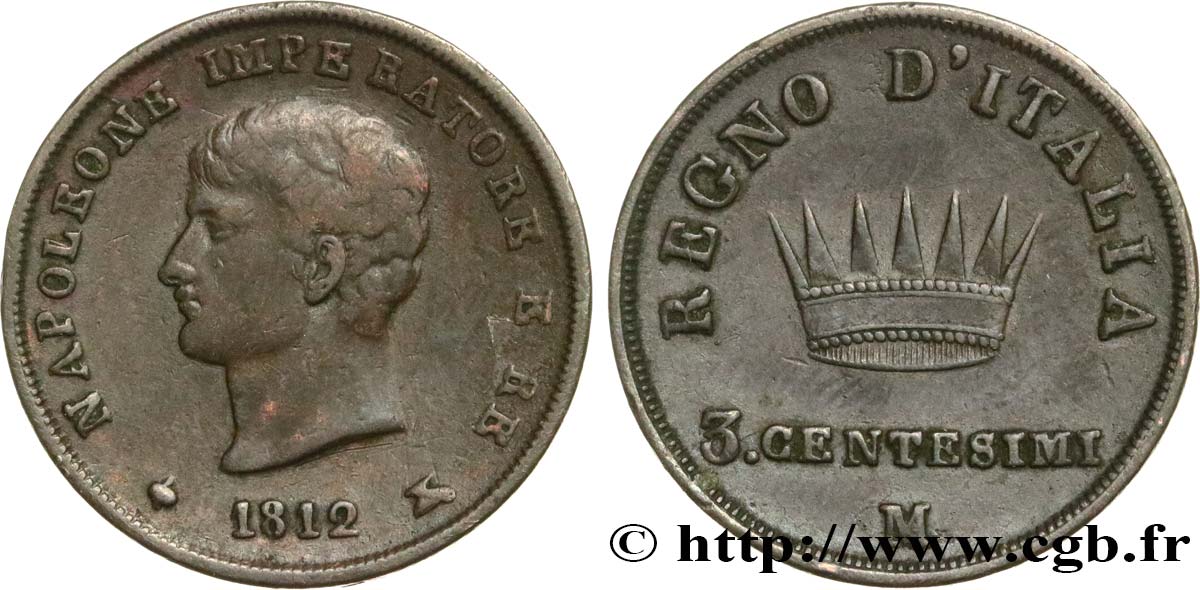 ITALY - KINGDOM OF ITALY - NAPOLEON I 3 Centesimi 1812 Milan VF 