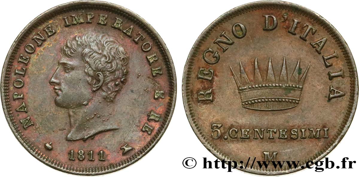 ITALY - KINGDOM OF ITALY - NAPOLEON I 3 Centesimi Napoléon Empereur et Roi d’Italie, 2eme type 1811 Milan XF 