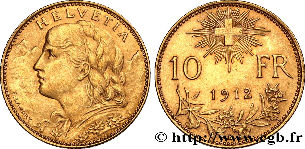 SWITZERLAND 10 Francs or  Vreneli  1912 Berne AU 