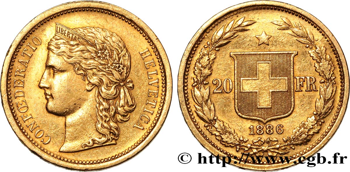 SWITZERLAND 20 Francs Helvetia 1886 Berne XF 