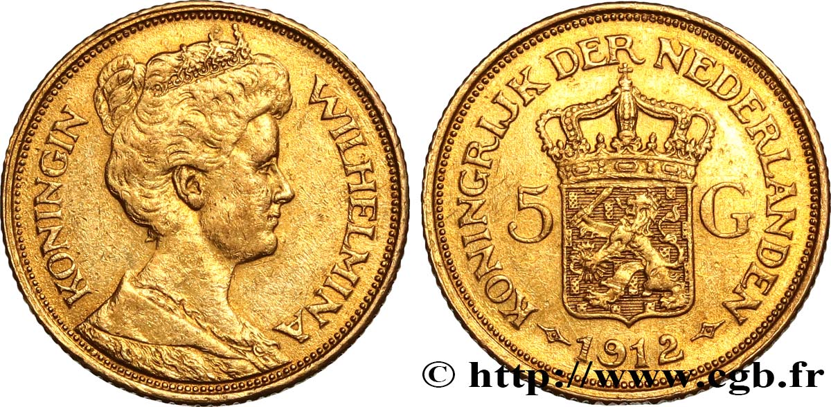 NETHERLANDS 5 Gulden Wilhelmina 1912 Utrecht XF 