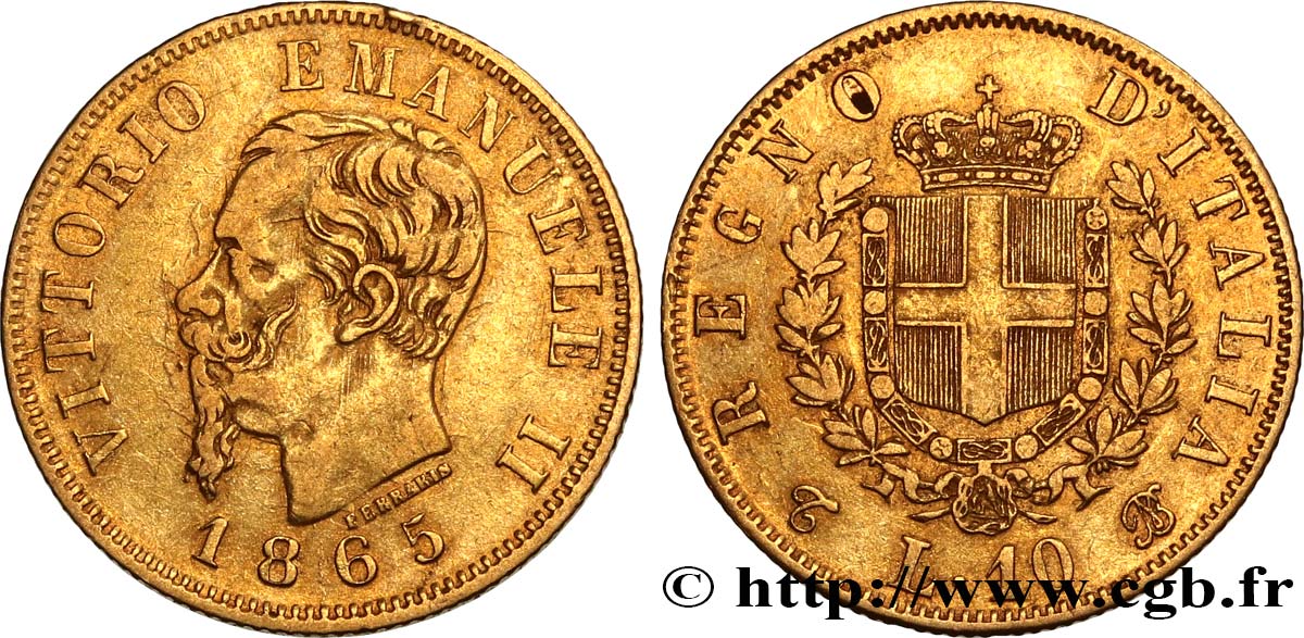 ITALY 10 Lire Victor Emmanuel II 1865 Turin XF 