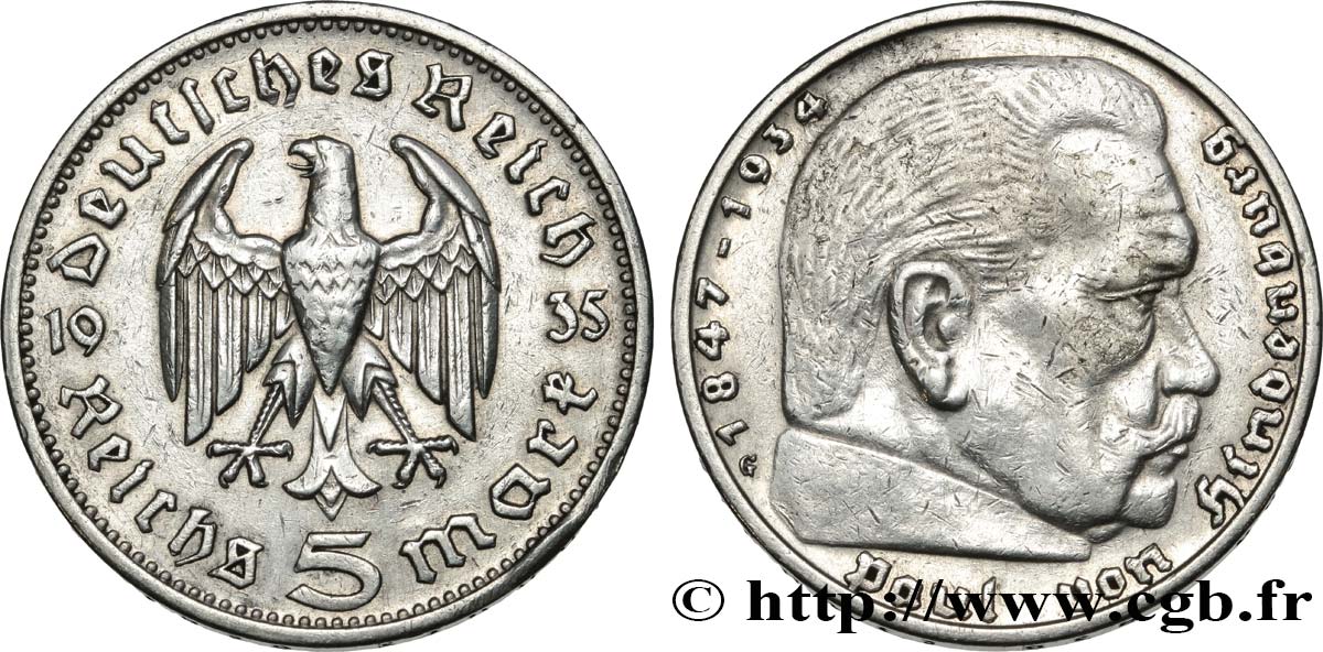 ALLEMAGNE 5 Reichsmark Aigle / Maréchal Paul von Hindenburg 1935 Karlsruhe - G TTB 