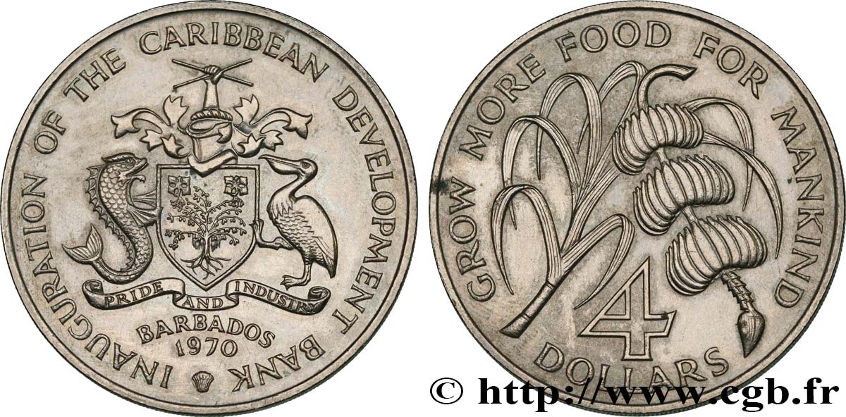 BARBADOS 4 Dollars Inauguration de la Banque de Développement des Caraïbes 1970  MS 