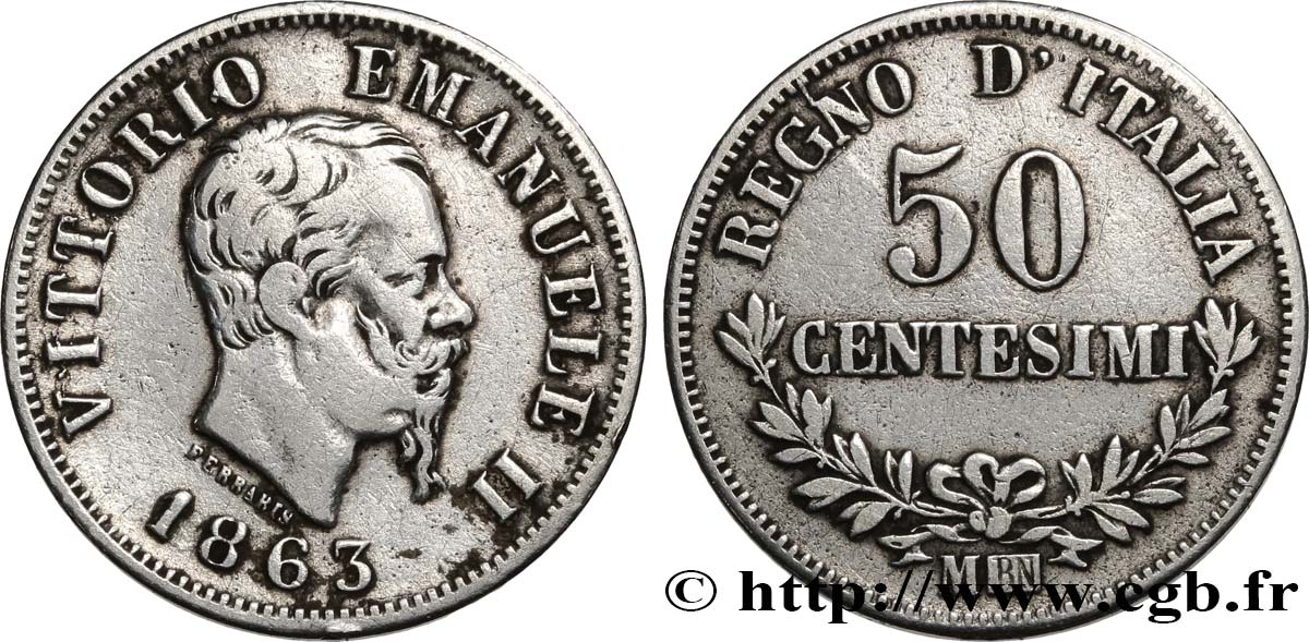 ITALIE 50 Centesimi Victor Emmanuel II 1863 Milan TB 