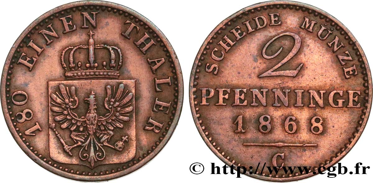 ALLEMAGNE - PRUSSE 2 Pfenninge Royaume de Prusse 1868 Francfort - C TTB+ 