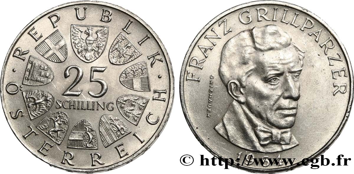 AUSTRIA 25 Schilling emblème / le dramaturge Franz Grillparzer 1964  AU 