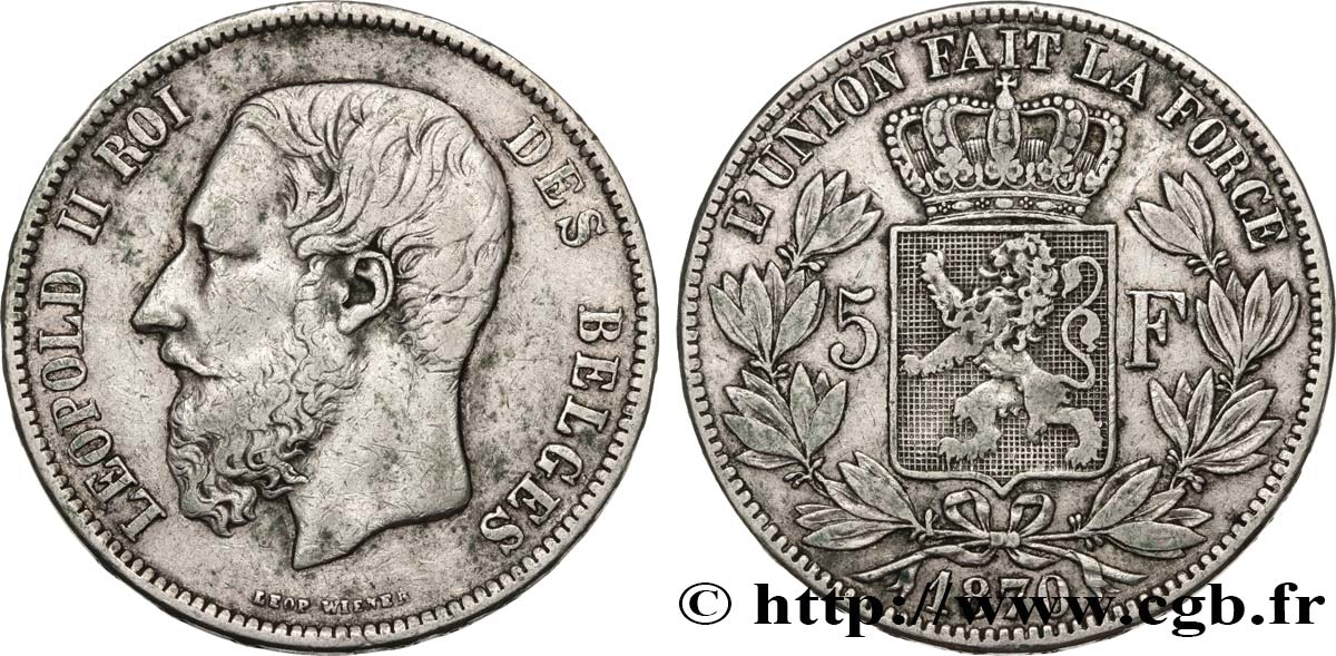 BELGIQUE 5 Francs Léopold II 1870  TB+ 
