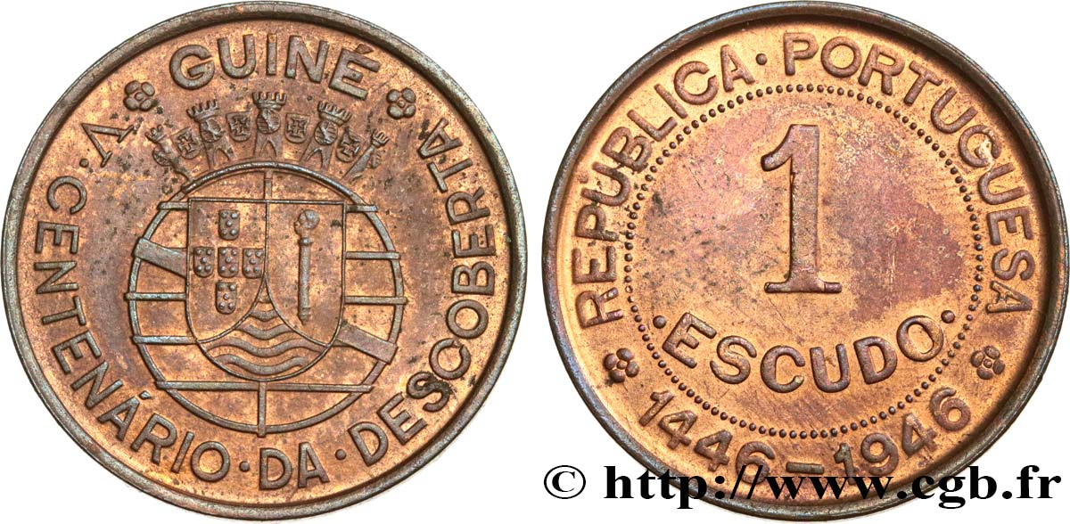 GUINEA-BISSAU 1 Escudo monnayage colonial Portugais - cincentenaire de la découverte 1946  MBC+ 