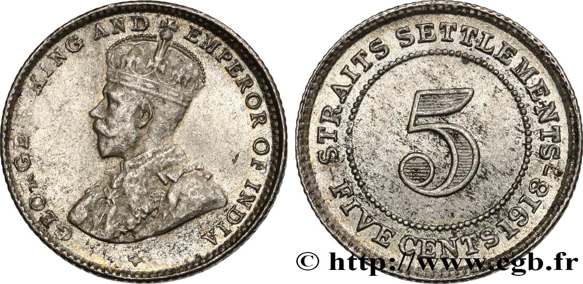 MALAISIE - ÉTABLISSEMENTS DES DÉTROITS 5 Cents Georges V 1918  TTB+/SUP 