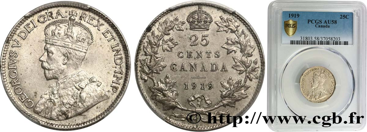 CANADA 25 Cents Georges V 1919  AU58 PCGS