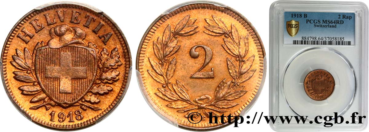 SVIZZERA  2 Centimes (Rappen) 1918 Berne MS64 PCGS