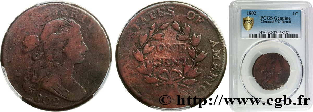 STATI UNITI D AMERICA 1 Cent “Draped Bust” 1802 Philadelphie MB PCGS