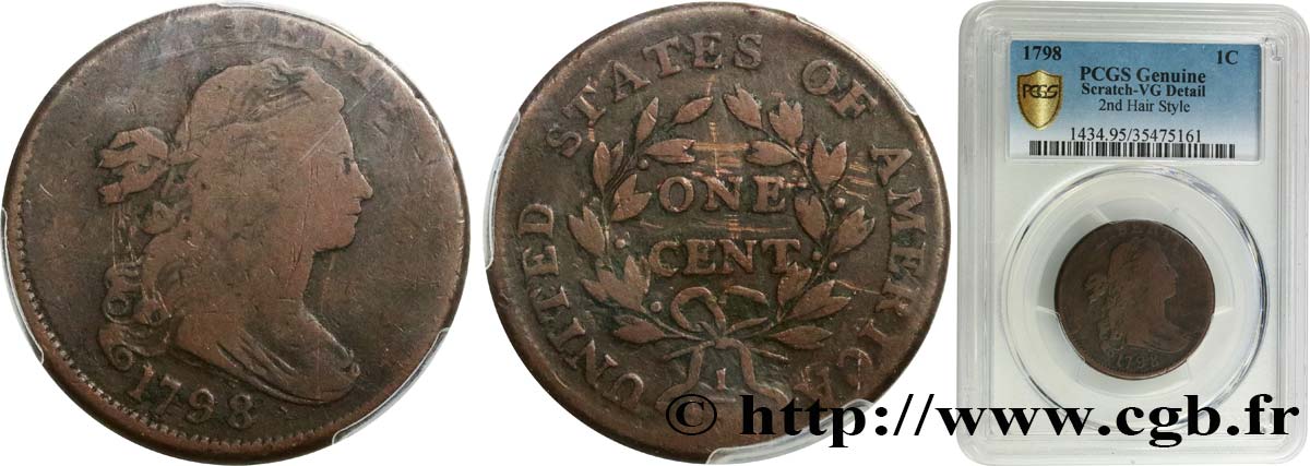 ÉTATS-UNIS D AMÉRIQUE 1 Cent type au buste drapé  - 2e type 1798  B+ PCGS