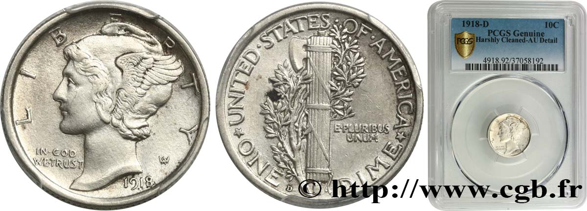 UNITED STATES OF AMERICA 1 Dime Mercury 1918 Denver AU PCGS