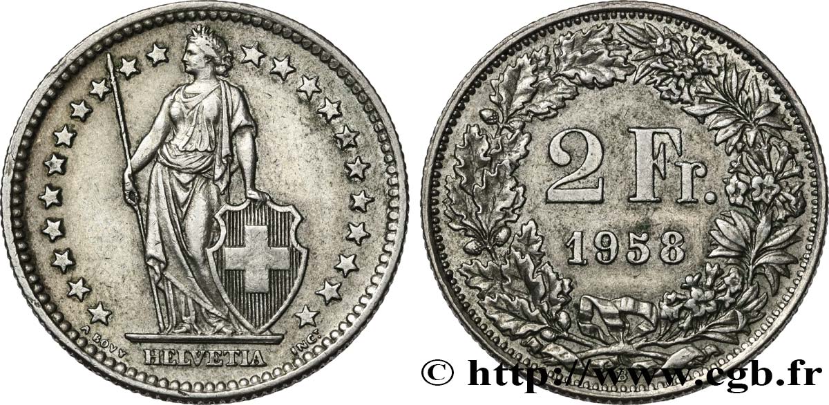 SUISSE 2 Francs Helvetia 1958 Berne SUP 