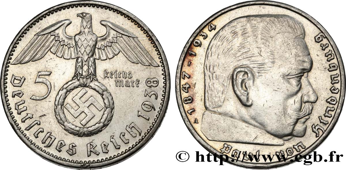 ALEMANIA 5 Reichsmark Maréchal Paul von Hindenburg 1938 Berlin MBC 